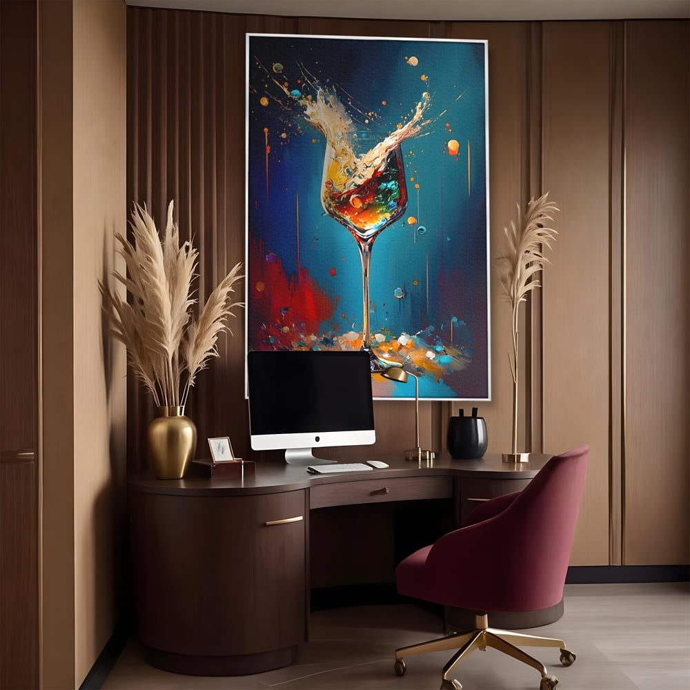 Tablou canvas cu tablou canvas cu pahar de cocktail si stropi colorati, in rama de aluminiu argintiu, pe perete intr-un birou